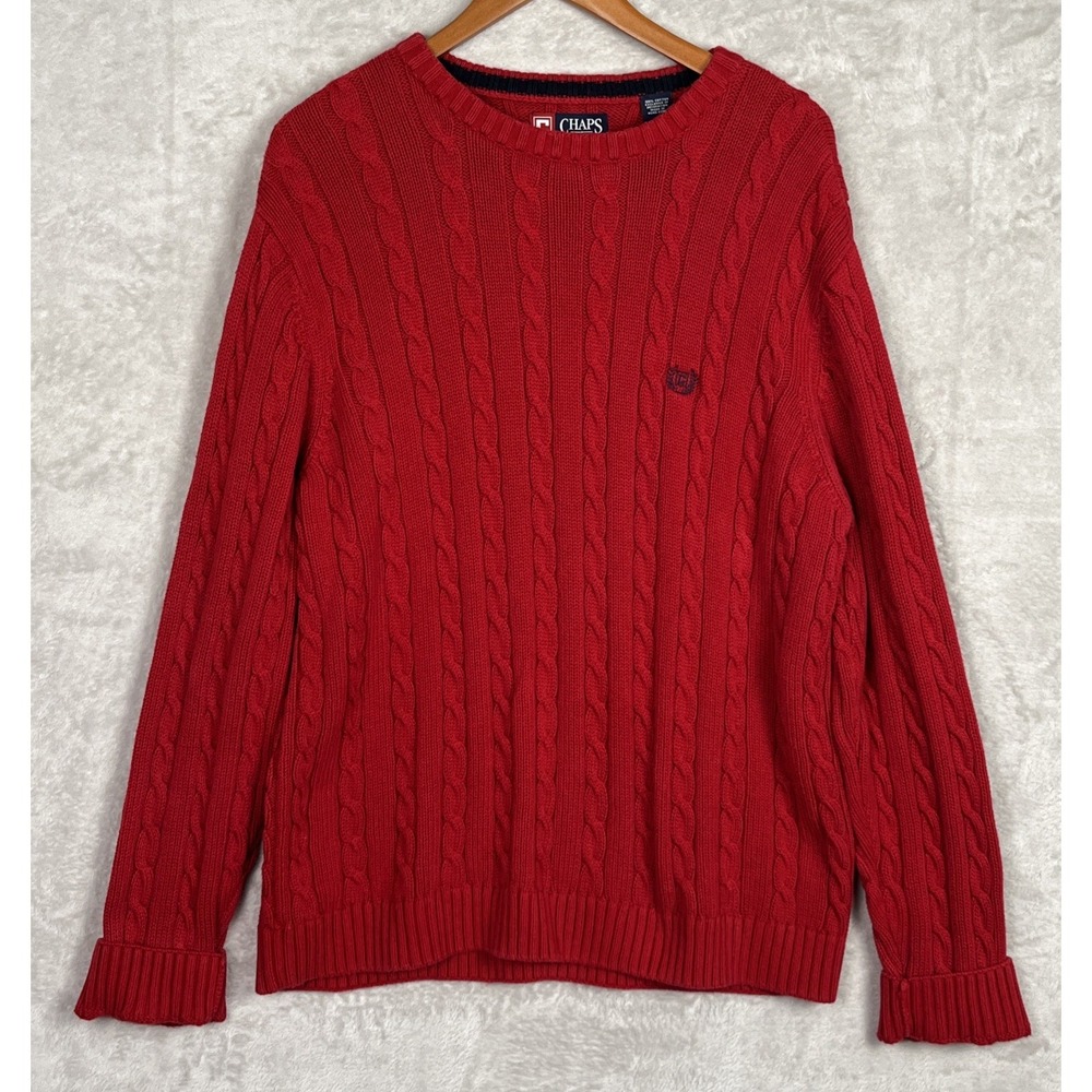 Vintage Mens Chaps Cable Knit Sweater Chunky Large Red Fisherman Y2K 90s Preppy